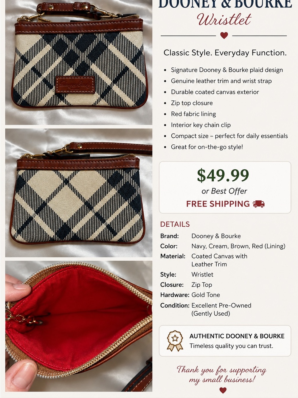Dooney & Bourke Navy Cream Plaid Wristlet with Brown Leather Trim
